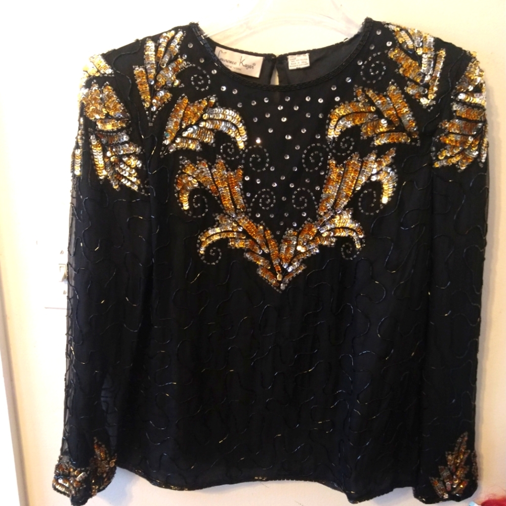 Laurence Kazar Black Beaded Sequin Long Sleeve Top with Gold Embellishment